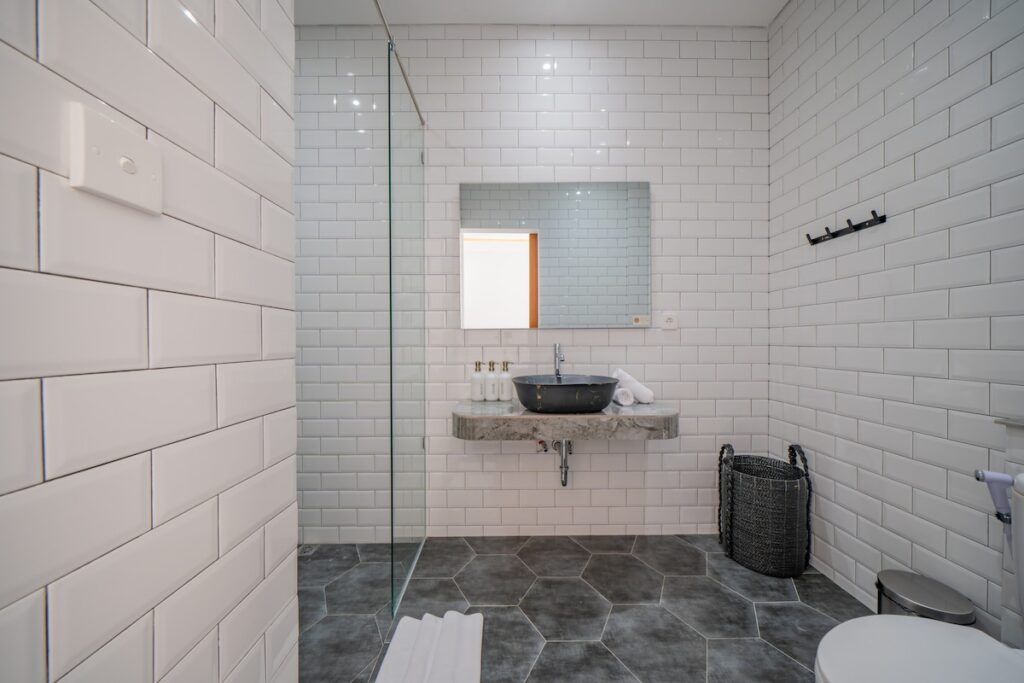 Bathroom White Tiles Floating Sink