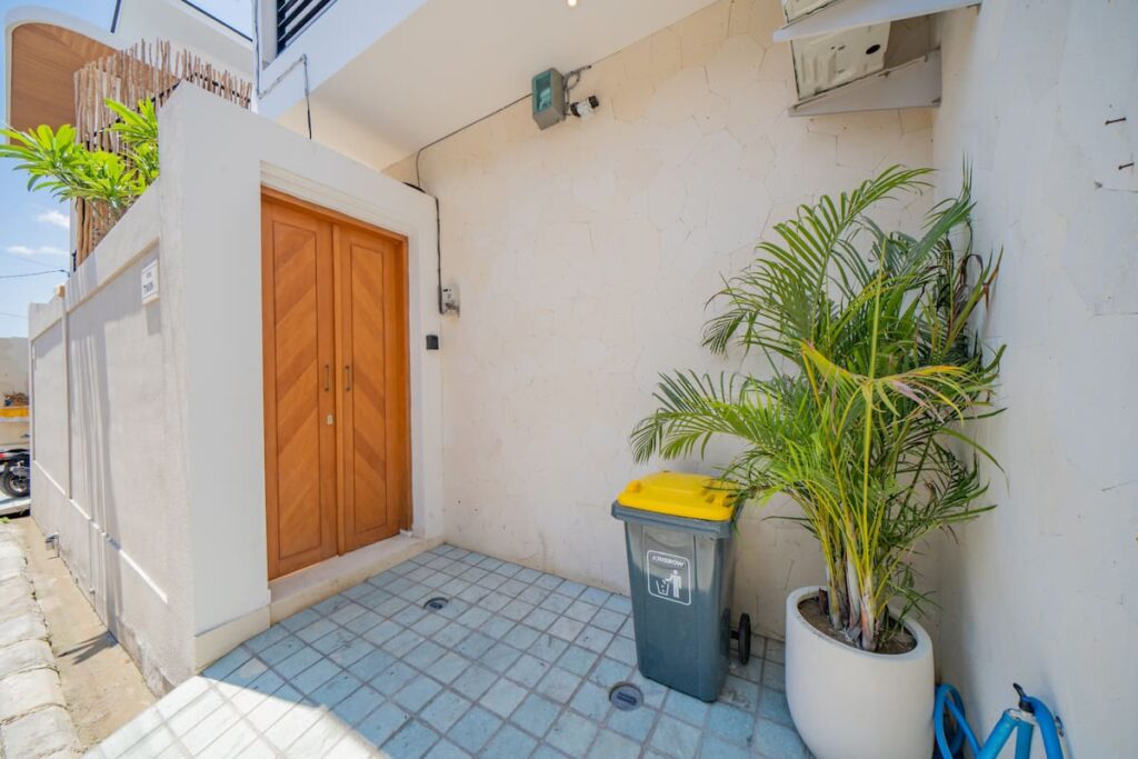 Entry Wooden Door Palm Plant