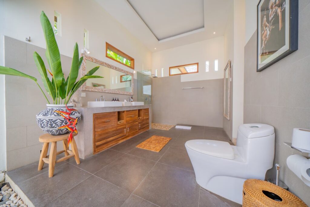 Bright Bathroom Wood Vanity Details