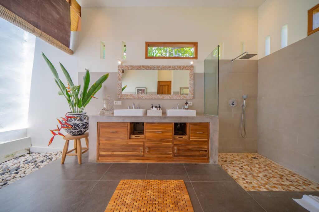 Charming Bathroom Wood Cabinet Plants